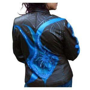 Vintage brown lambskin jacket; royal blue hand painted, chakra sz M